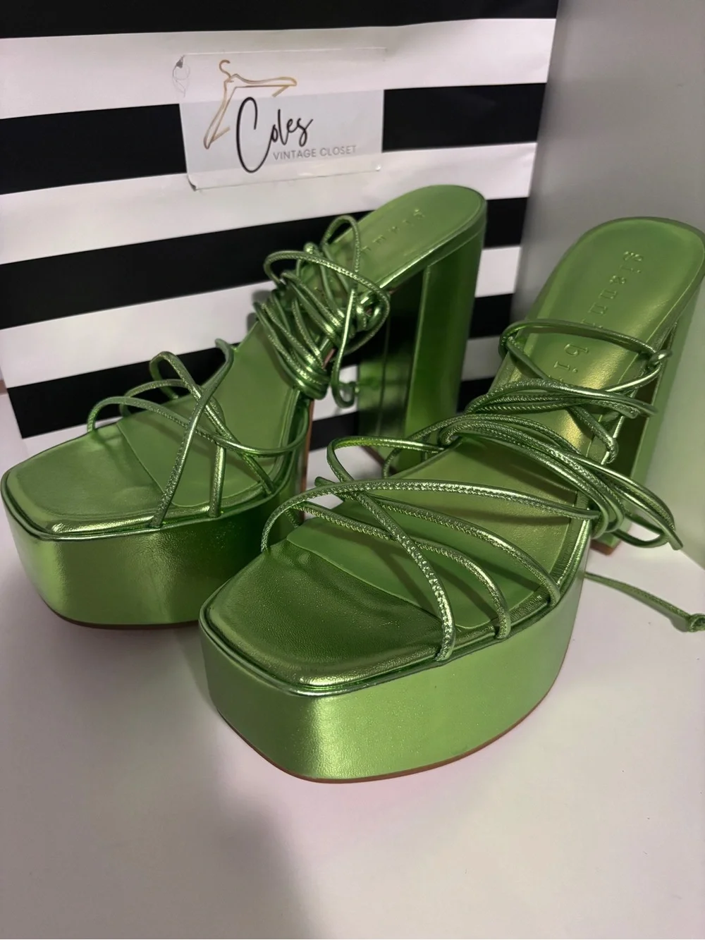 Gianni Bini Shiny Lime Green Strappy Platform Heels